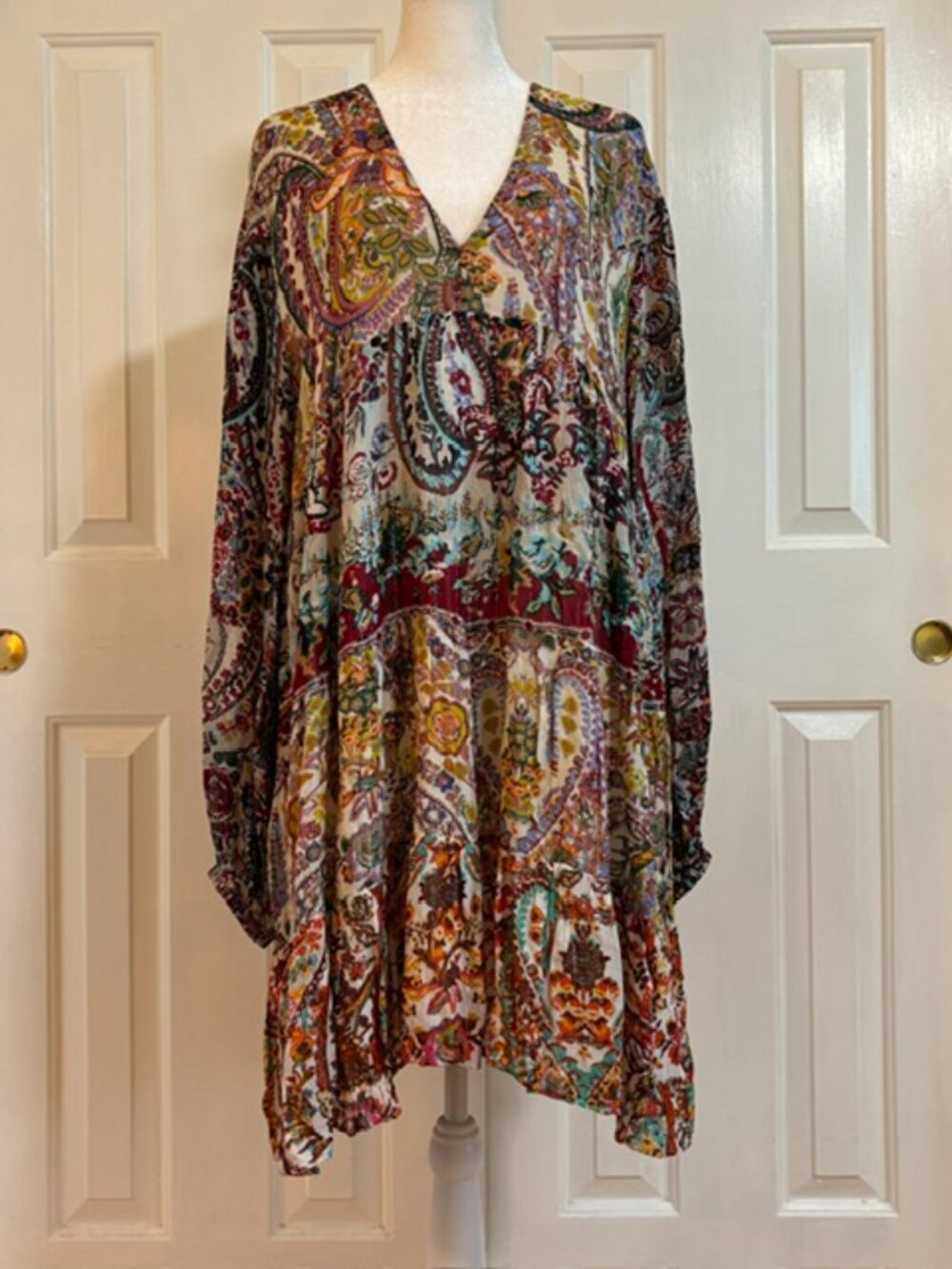 Zara Boho Long Sleeve Multicolor Paisley Metallic Thread Tiered Mini Dress XL